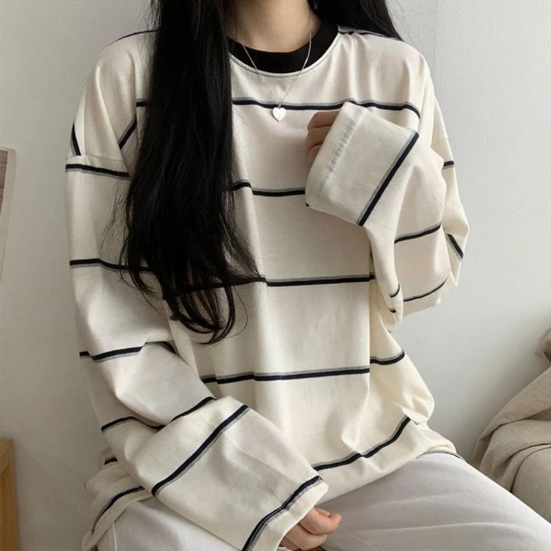 

DAYIFUN Striped T-shirts Women Harajuku O-neck Long Sleeve Chic Top Female Clothing Korean Fashion Tees Streetwear Camisetas