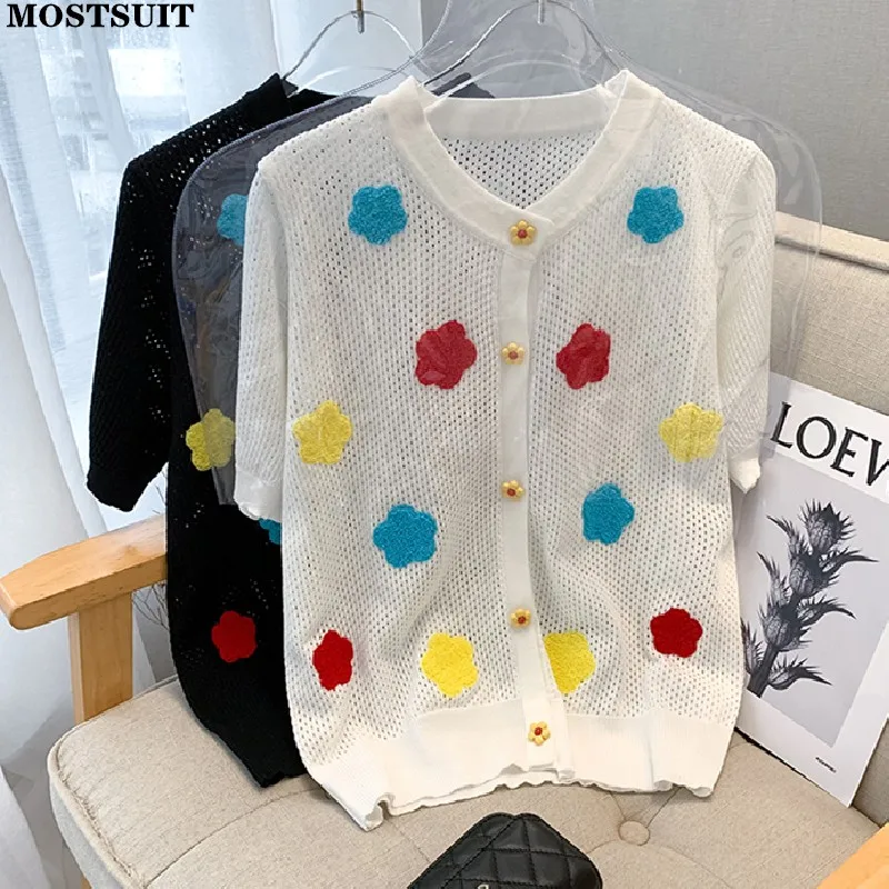 

Summer Korean Elegant Hollow Knit Cardigan Women 2022 Stereo Floral Sweet Fashion Short Sleeve Sweater Tees T-shirt Knitwear