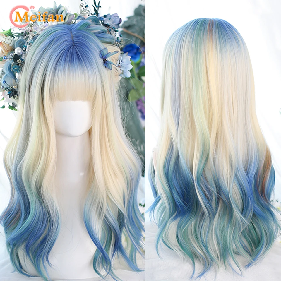 

MEIFAN Synthetic Long Curly Wave Lolita Wig with Bangs Ombre Pink Brown Yellow White Corn Wave Cosplay Party Wig