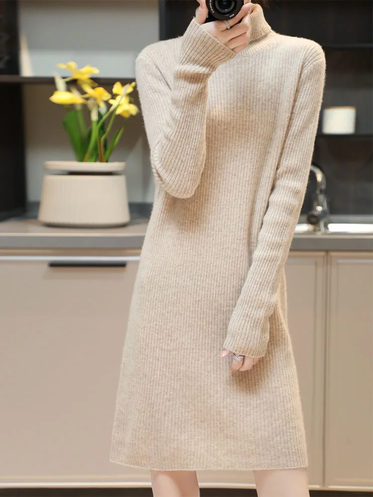 

100% Merino Wool Sweater 2023 New Autumn And Winter Women's Mid-Length Turtleneck Solid Color Striped Warm Knitted Dress