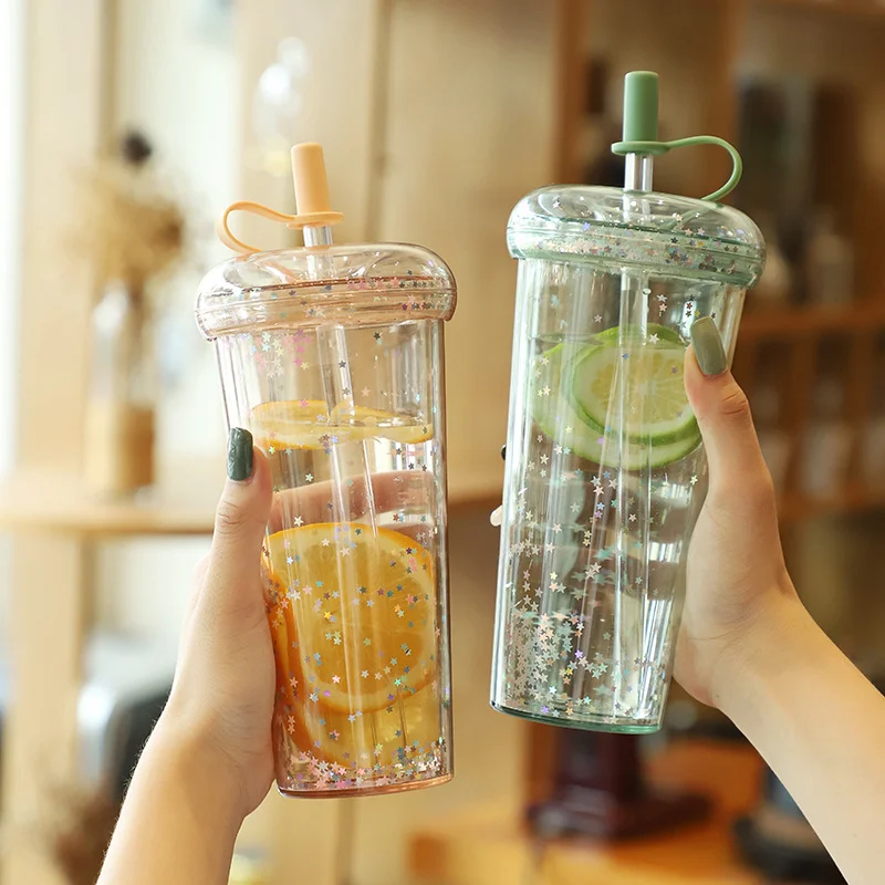 

320/420/520ml Water Bottle with Straw Transparent Glass Bottles Large Capacity Plastic Coffee Cup with Lid Drink Cup Straw Cup