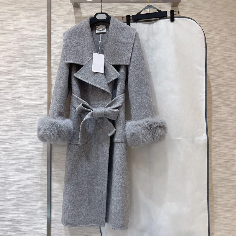 

Turn Down Collar Luxury 100% Wool Coat For Women High Quality Removable Genuine Fox Fur Cuff Long Wool Jacket Casaco Feminino