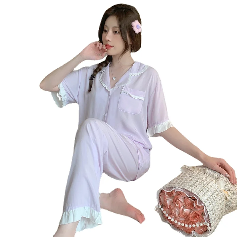 Pajamas female summer student princess style thin short-sleeved trousers home suit solid color loungewear with turn-over collar
