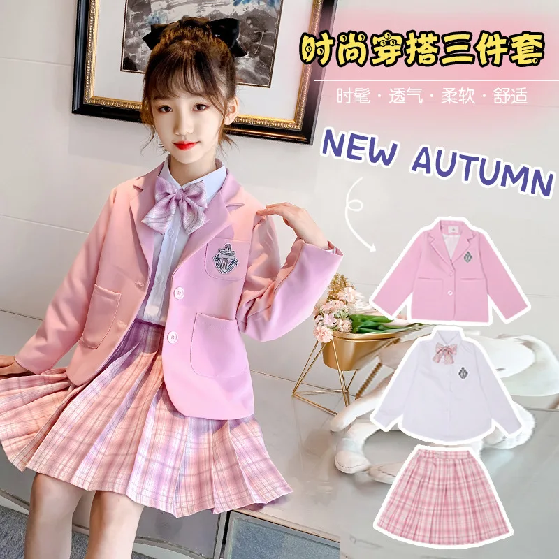 

Japanse School Meisje Uniform Jjas Geplooide Rokken Shirt 3 Stuks Pak Lente Herfst Kinderen Meisjes Studentenkleding Met Gratis