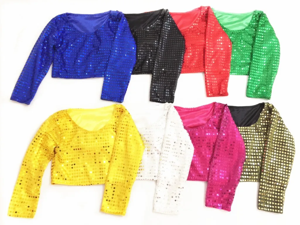Блестящие кроп-топы с блестками футболки длинным рукавом школьная Женская