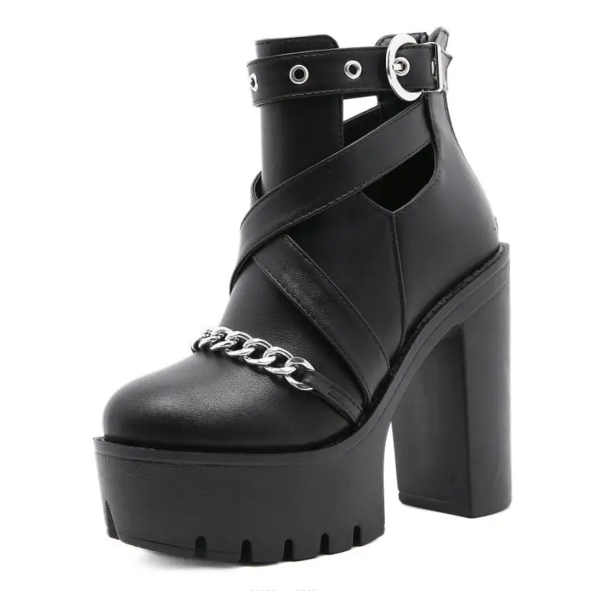 Autumn Winter Platform Boots For Women Sexy Round Toe Buckle Strap Pole Dance High Heels Pumps Fashion Sexy chain Black Shoes