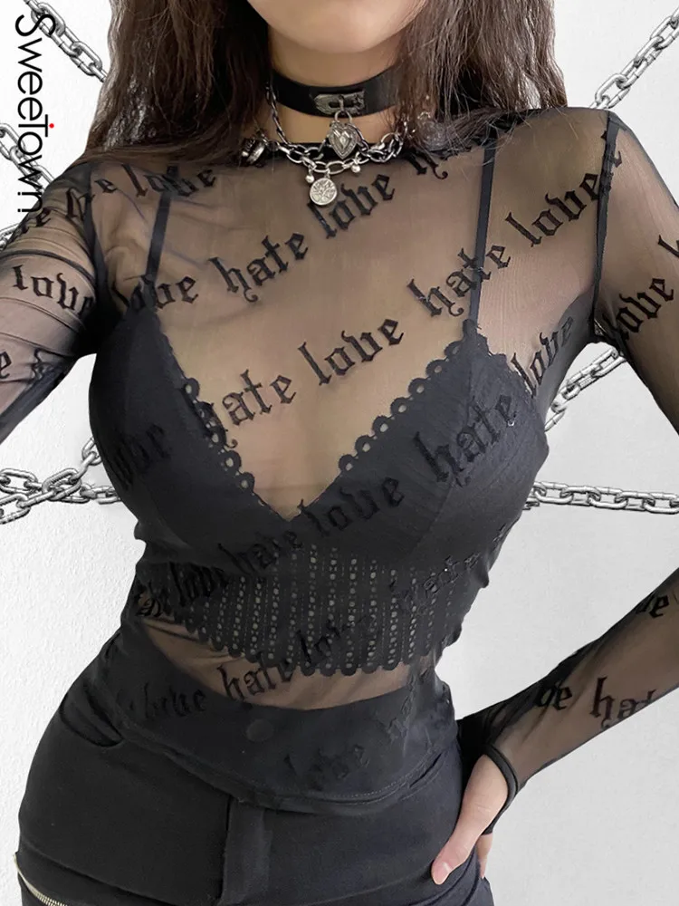 Футболка женская прозрачная сетчатая с длинным рукавом и надписью