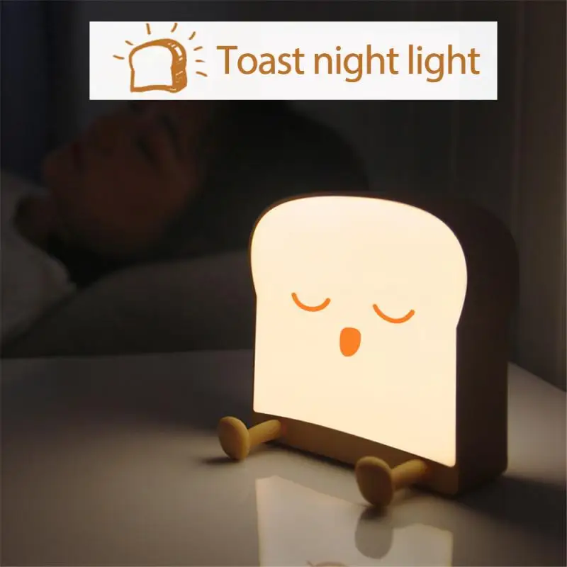 

Cartoon Cute Toast Night Light With Vibration Switch USB Mobile Phone Bracket Kids Gift Room Bedside Study 1200mah Battery