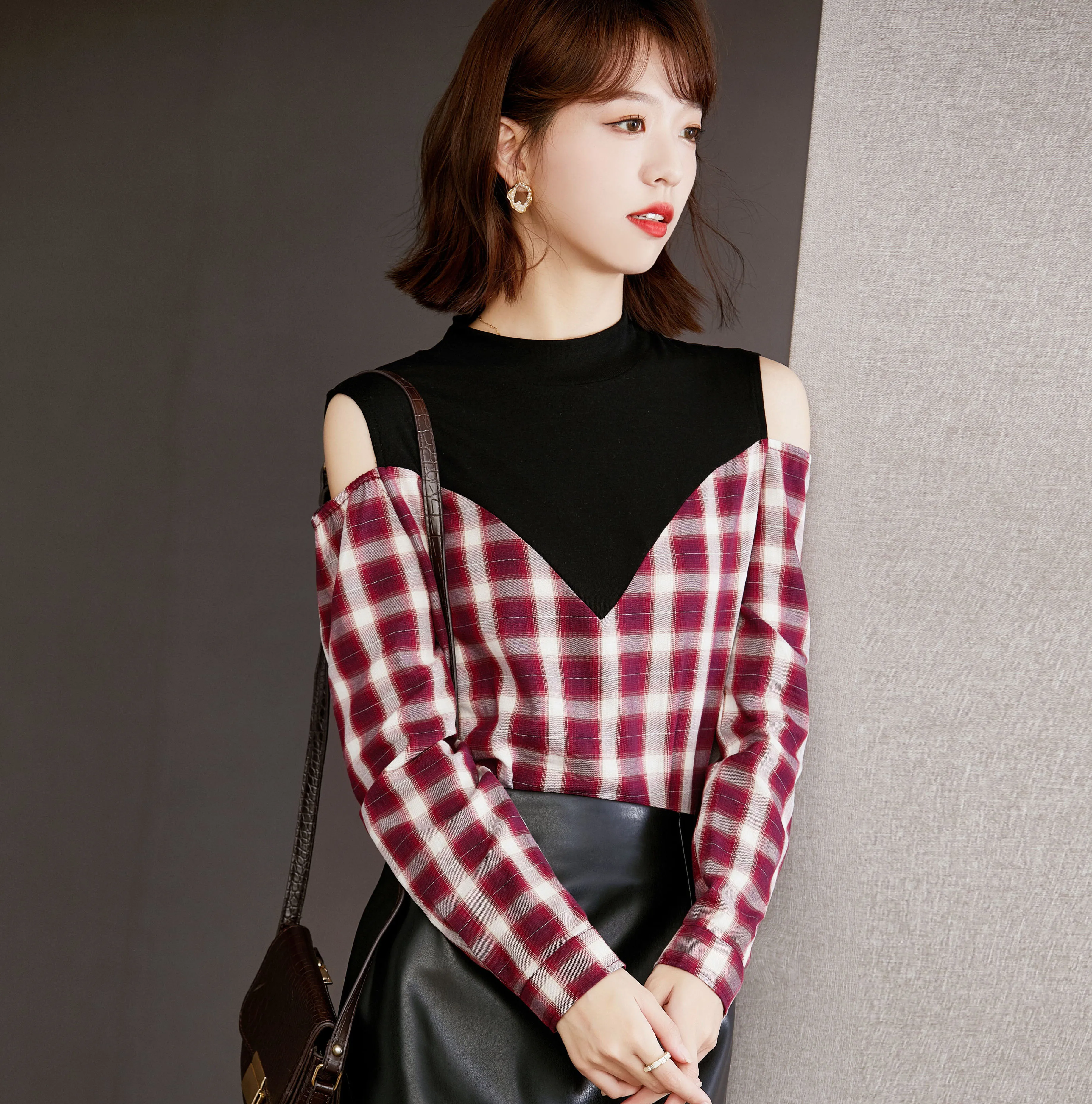 

Stand Collar Off Shoulder Red Plaid Blouses Women Cut Out Shoulder Plaid Tops Women Fashion Red Plaid Shirts