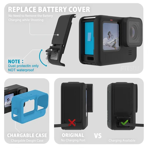 Синий силиконовый чехол для GoPro Hero 12 11 10 9, черная крышка аккумулятора, крышка объектива и комплект аксессуаров Lanyard