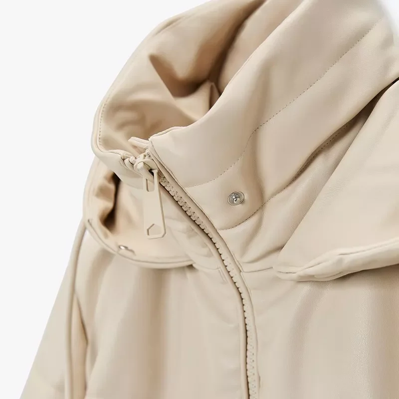 2022New Loose Hooded Parkas Women Fashion Beige PU Leather Coats Women Side Zipper Split Long Cotton Jackets Ladies