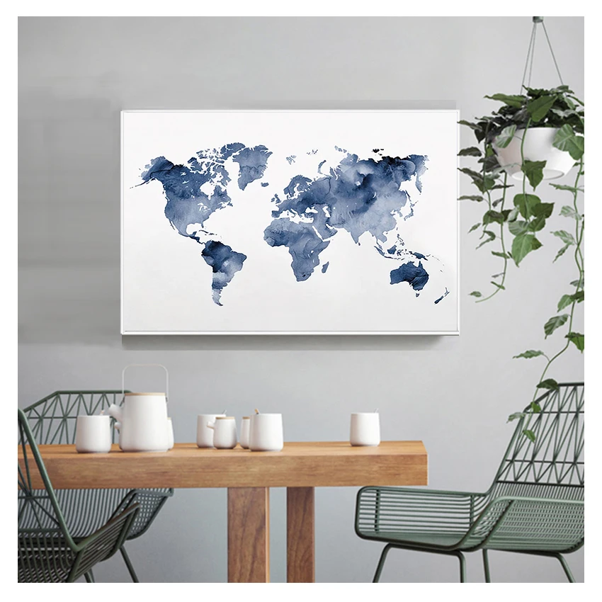 

Blue World Map Print Navy Map Poster Traveler Gift Abstract Watercolor Wall Art Canvas Painting Picture for Living Room Decor