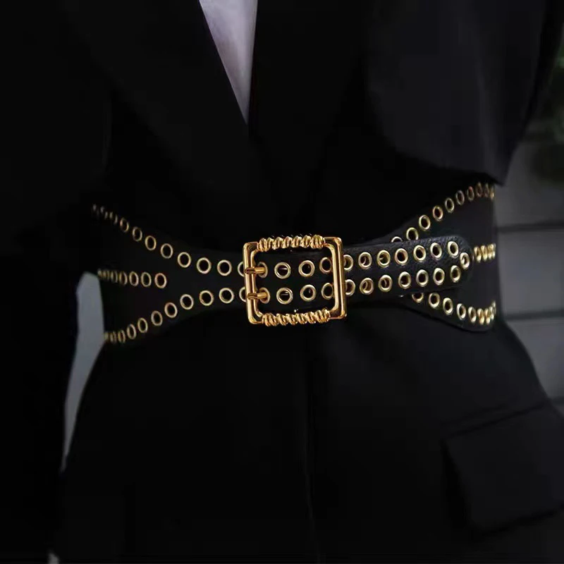 

Elastic Corset Belt Vintage Grommet Wide Belts For Women Easy Stretch Cummerbunds Punk Rivet Goth Waistband Dress Coat Belt