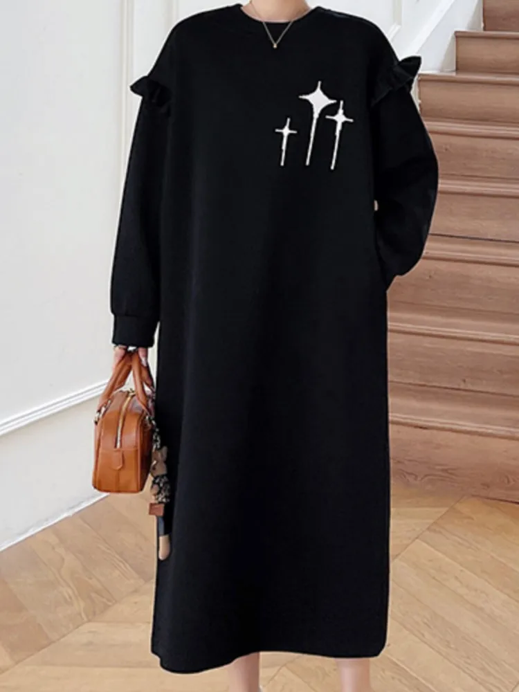 Осенне-зимнее длинное платье большого размера черное женское свободное