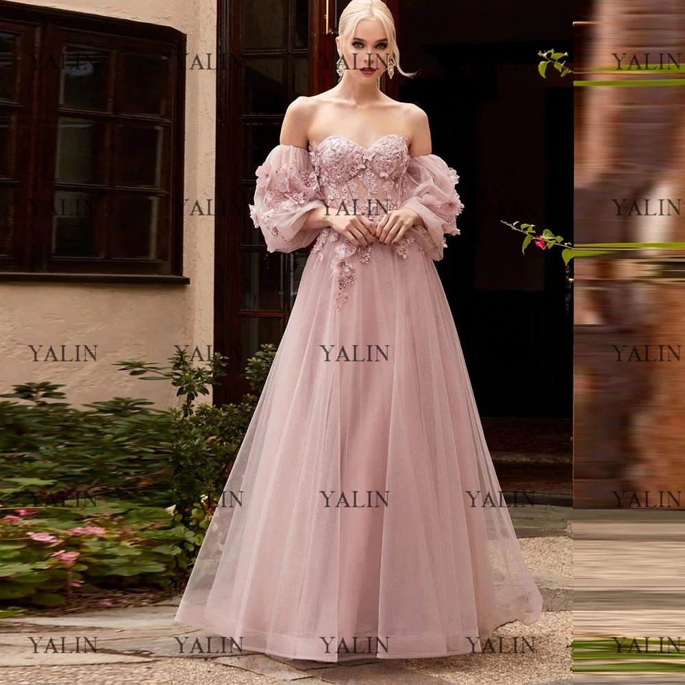 

YALIN Charming Pink A-Line Evening Dress Floor Length Illusion Long Sleeve Appliques Party Dress Backless Tulle Celebrity Gown