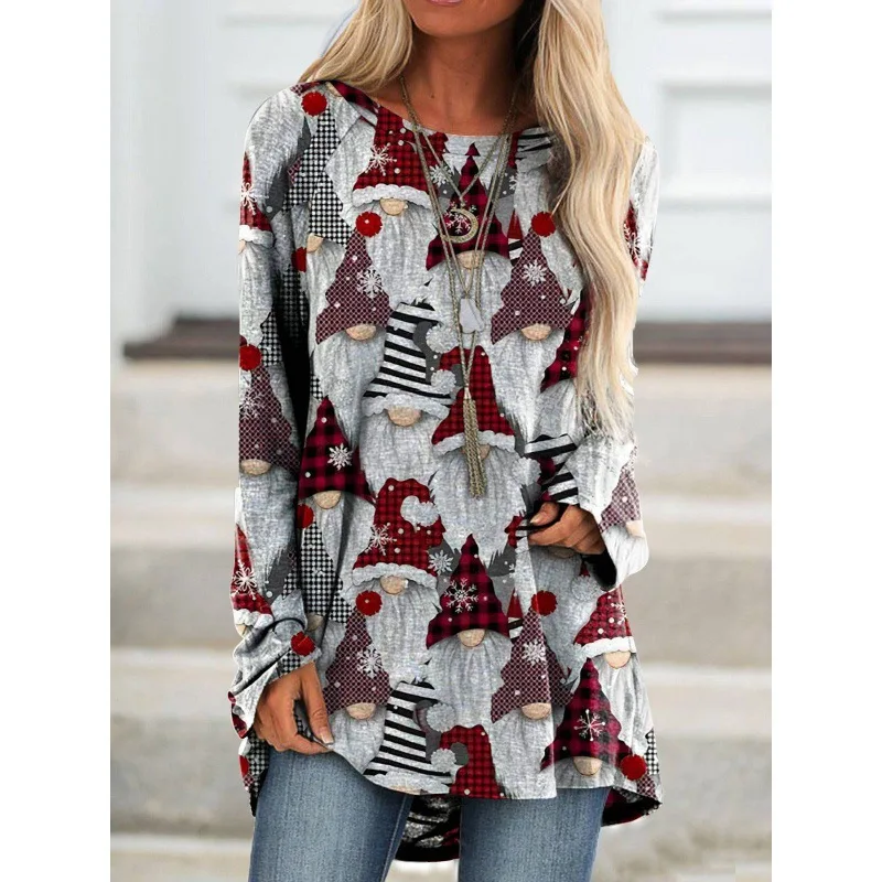 

Women's Christmas Long Sleeve T-shirt Female 3D Cute Santa Claus Tree Shirt Print Graphic Tee Tops Femme Pullover CartoonClothes