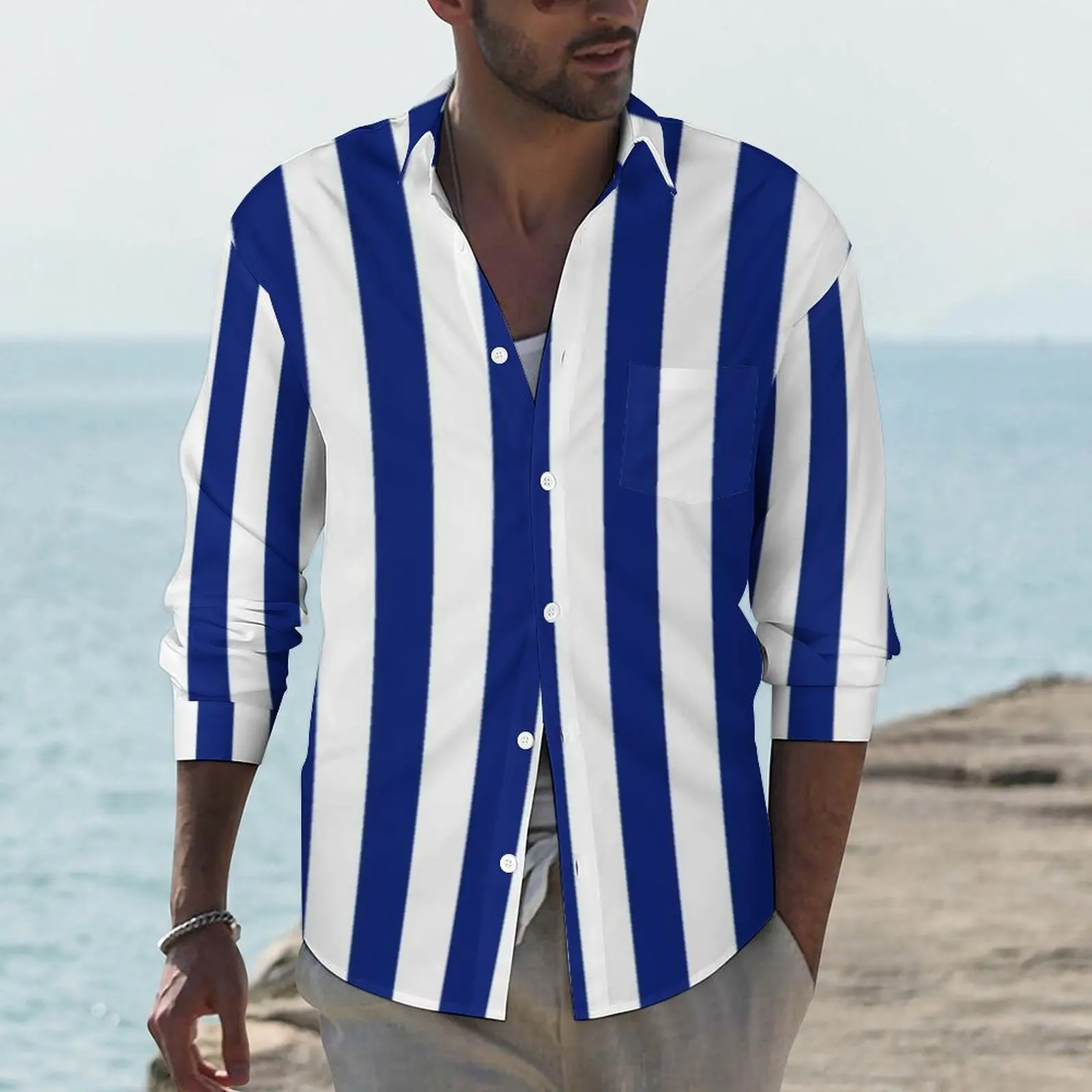 

Nautical Design Casual Shirts Man Vertical Navy Blue Stripes Shirt Long Sleeve Retro Street Style Blouses Graphic Top Plus Size