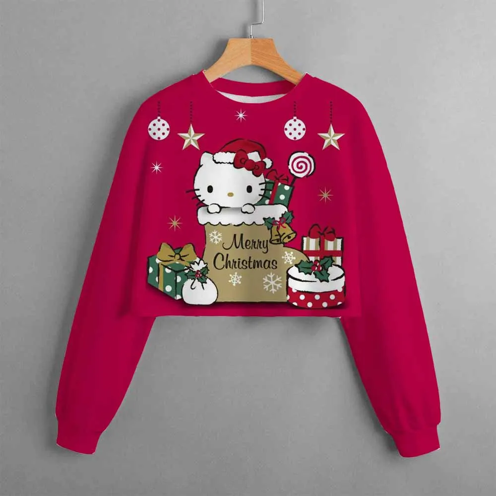 

Новинка 2023, милая Рождественская Короткая Толстовка для девочек с мультяшным принтом котенка, топ для девочек, толстовка для отдыха на весн...