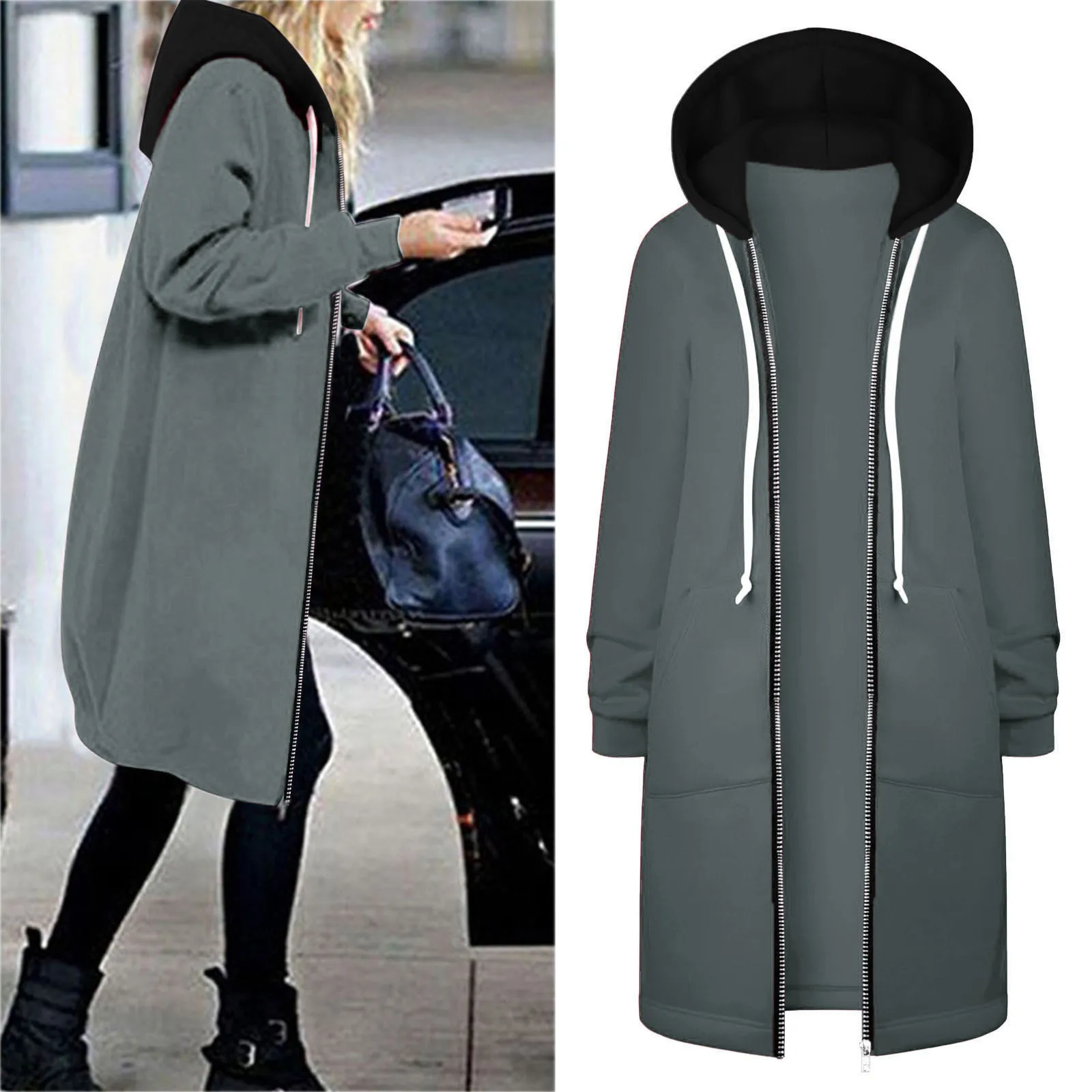 

Winter Sweatshirts 2023 Fashion Autumn Women Long Hoodies Coat Casual Pockets Zipper Outerwear Hooded Coats Colorblock Sudaderas