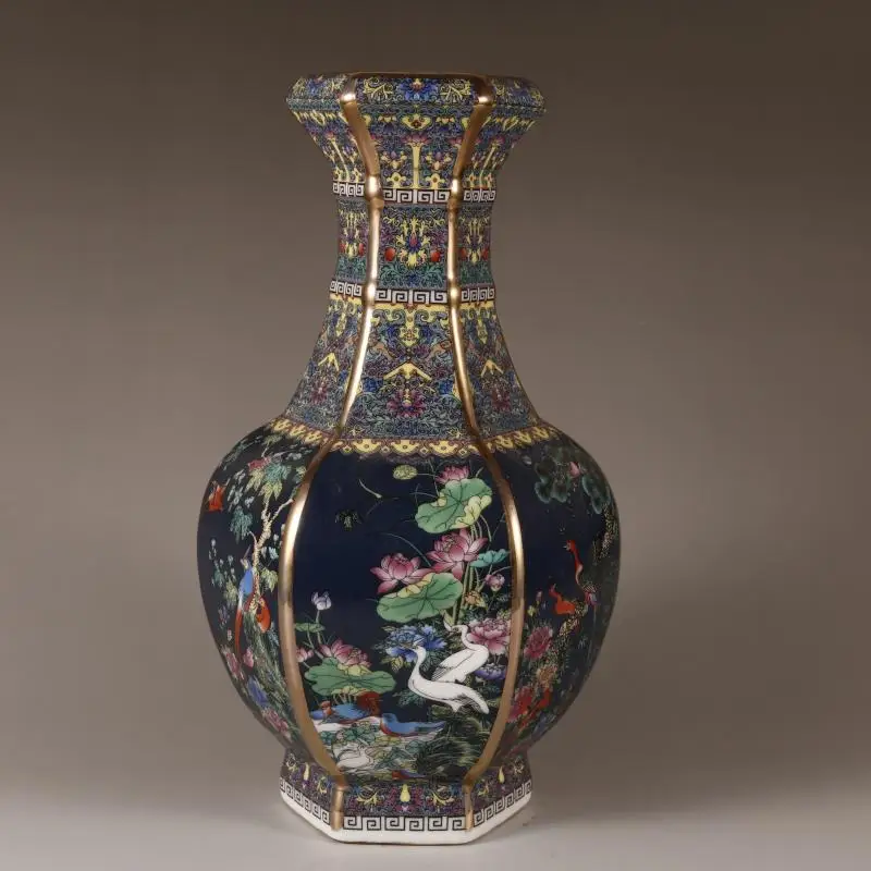 

Эмалированный цветок и птица шестигранный темно-синий флакон рама Bogu антикварный фарфор для изготовления старых античных украшений