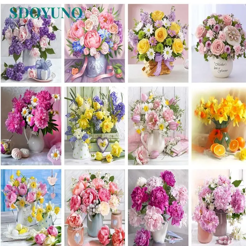 

SDOYUNO Paint By Numbers Paeonia in Vase 60*75cm Oil Painting By Numbers On Canvas Frameless DIY Handpaint Home Decor