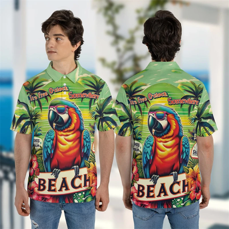 Parrot Birds Polo Shirts For Men Summer Hawaii Vacation Beach Short Sleeve POLO Shirt Tropical Cockatoo Bird Y2K Psittacine Tees