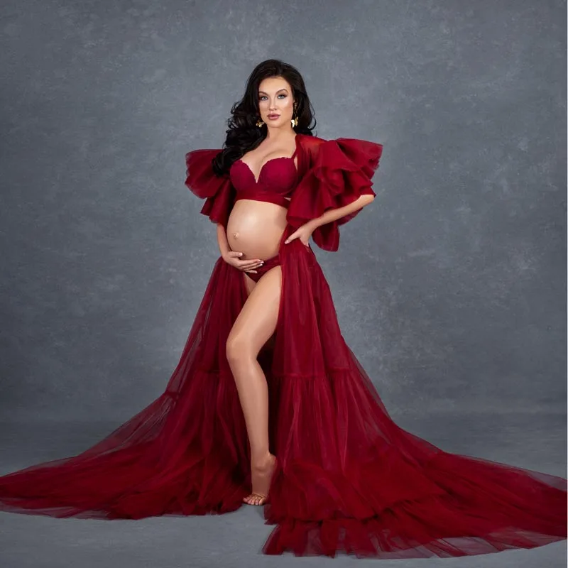 Charming Burgundy Long Draped Tulle Maternity Robes Plus Puffy Ruffled Sleeve Front Open Pregnancy Women Photography Tull Dress
