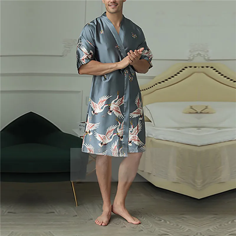 

Пикантная Мужская пижама с принтом, длинный шелковый халат, дизайнерская Пижама для жениха средней длины