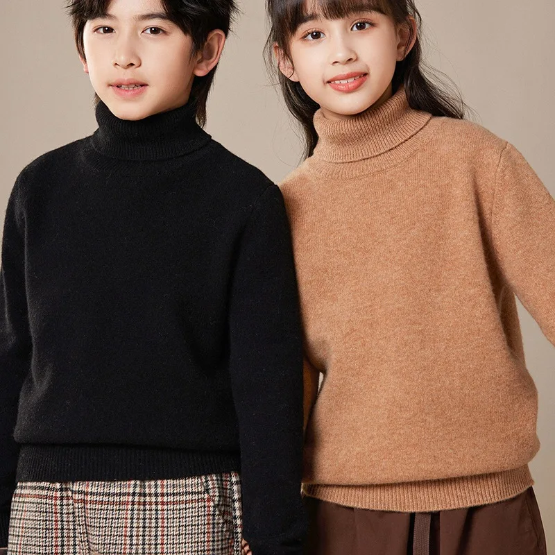 Autumn and Winter New Children's Wool Knitted Bottoming Shirt High round Neck Boys Girls Same Style Sweater Pullover In