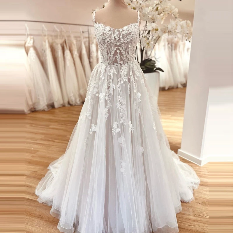 

High Quality Flower Tulle Bridal Dresses Real Image Floral A-line Wedding Gowns Spaghetti Strap Mesh Lace Wedding Dress