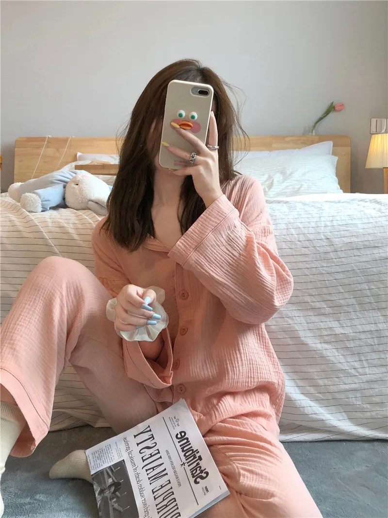 Orange Single Breasted Shirts + Trousers 100% Cotton Casual Two Piece Home Suit Vintage Sleepwear Loose Pajamas Set Solid