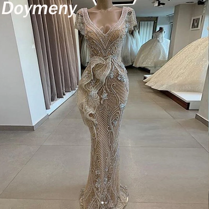 

Doymeny Women’s Sparkle Beaded Prom Dresses V-neck Mermaid Cocktail Dress Short Sleeves Formal Evening Party Gowns 2023