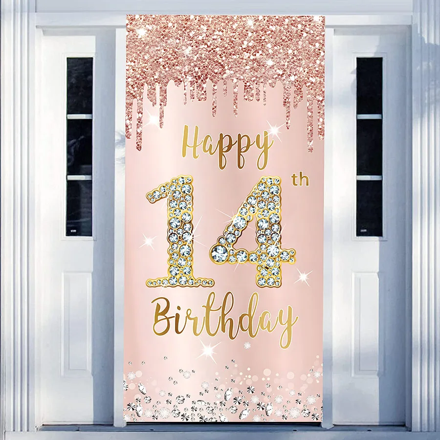 

Rose Gold Happy 14th Birthday Party Decoration Door Cake Banner Backdrop for Girls 14 Years Old Bday Pink Photography Background