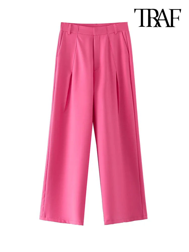 

TRAF Women Fashion Side Pockets Straight Pants Vintage High Waist Zipper Fly Female Ankle Trousers Mujer