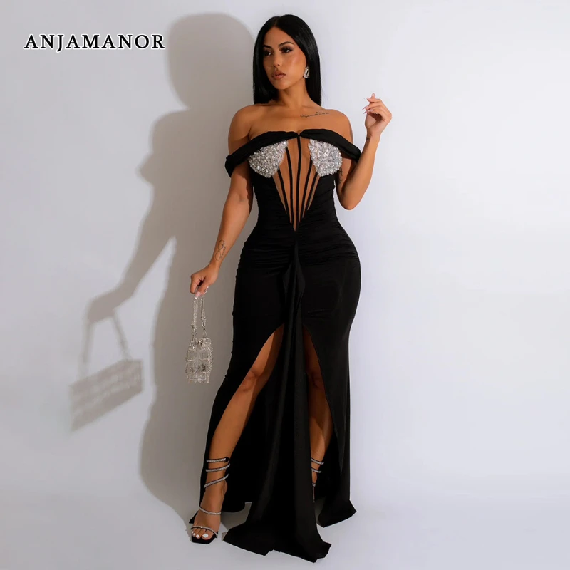 

Платье-макси с открытыми плечами и блестками, с разрезом