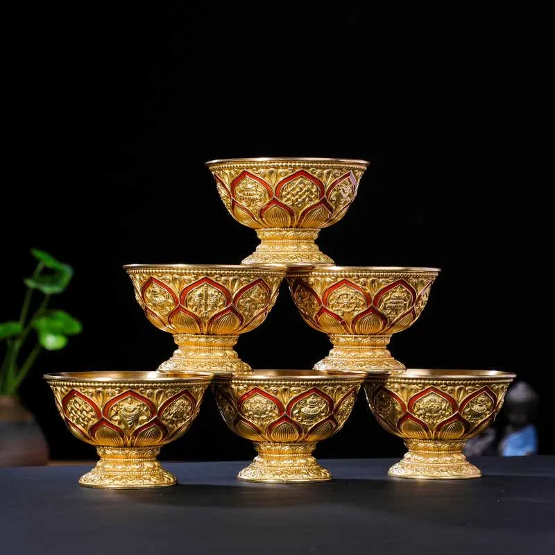 

7pc Pure Copper Water Supply Bowl Holy Water Cup In Front Of Buddha Tantric Lotus Water Supply Bowl Decorative Bowl Multicolor