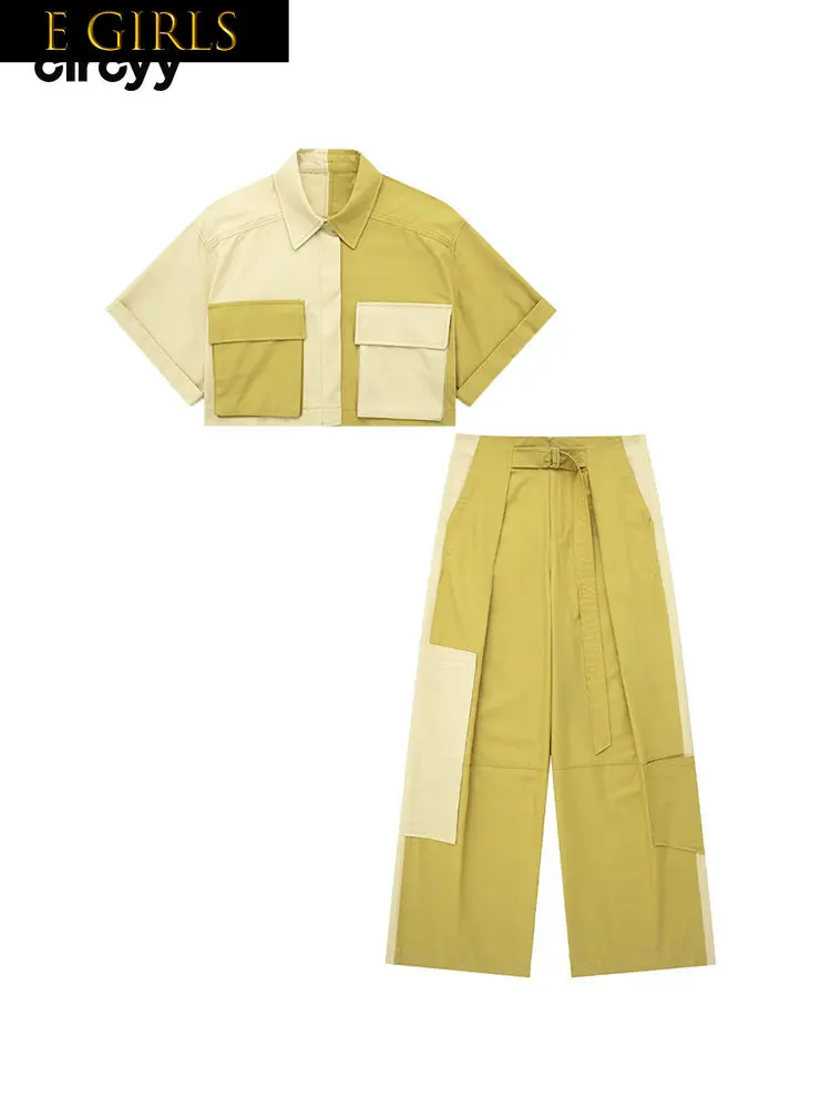 

E GIRLS 2 Piece Sets Outfits Spring Fashion Patchwork Loose Shirt Suits Pockets Short Sleeve Top Female Wide Straight Pants Y2K