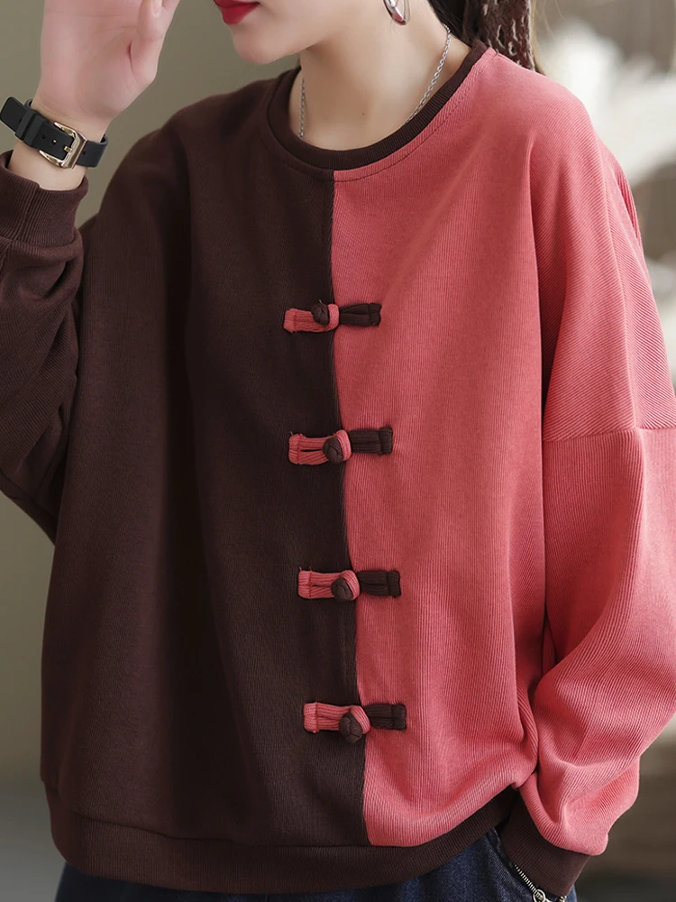 FairyNatural Spring Patchwork Design Loose Street Ladies Sweatshirts Chinese Style Buttons Casual Retro Hoodies Punk Clothing |