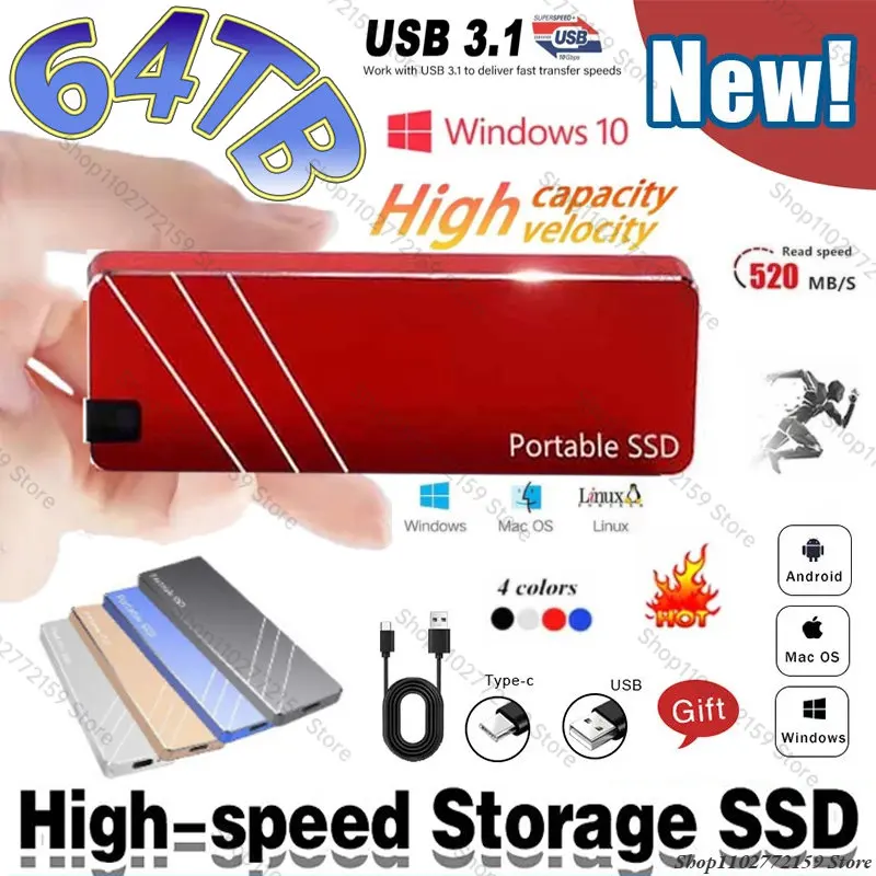 Original 64TB Portable SSD High Speed Disco duro 2TB 4TB 8TB 16TB External Solid State Drive USB3.1 Type-C Hard Disk for Laptop