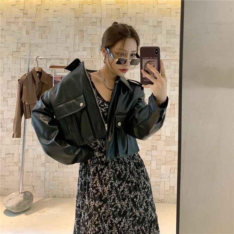 Leather Jacket Women Korean High Street Moto Biker Zipper Jacket Female 2021 Spring Large Size Loose Streetwear Women's Clothing