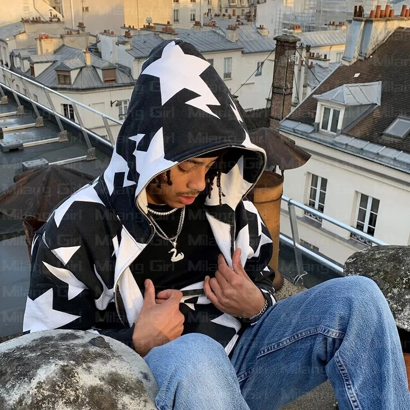 

Толстовка на молнии, модные мужские толстовки со звездным графическим принтом, свитшот, готическое спортивное пальто, толстовка с длинным р...