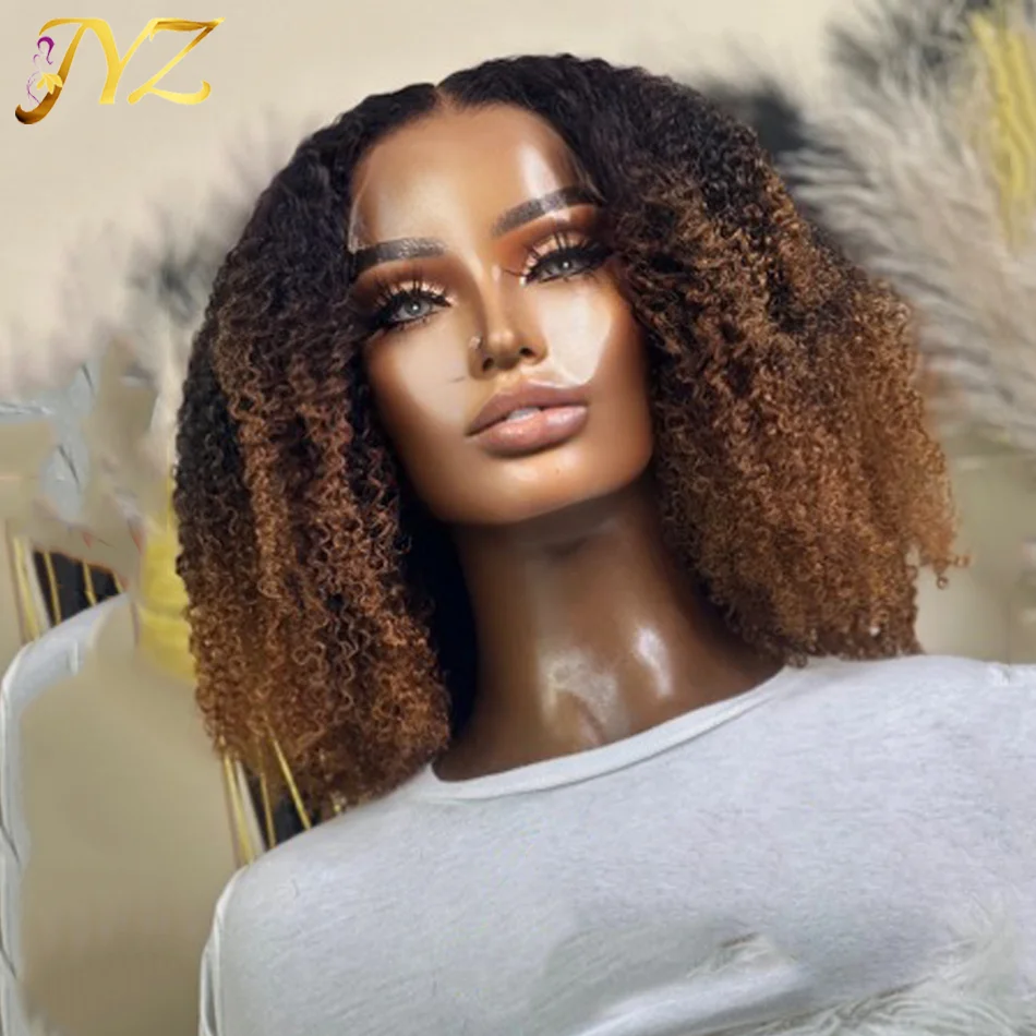 

200% Ombre Colored 1B 27 Afro Kinky Curly Lace Front Human Hair Wig For Woman 4B 4C Edge Curl Brown Remy Brazilian Natural JYZ