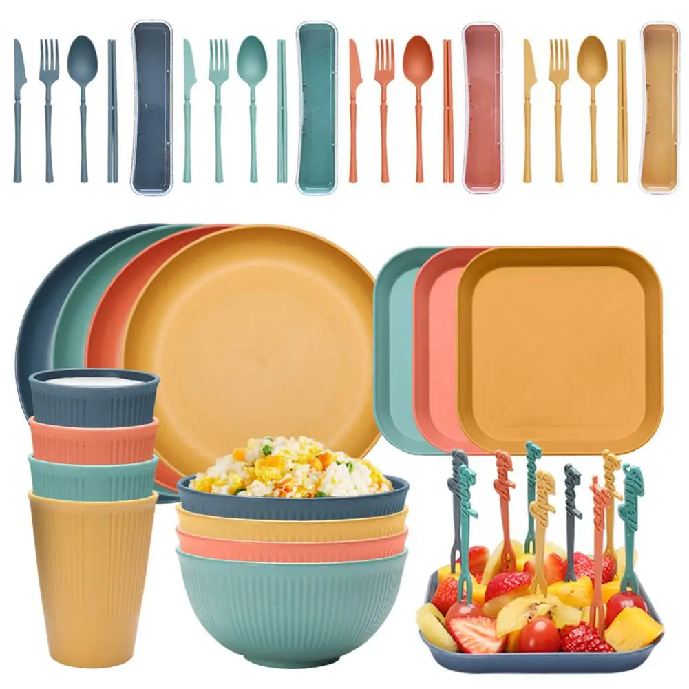 

48Pcs Wheat Straw Dinnerware Set Bowl Plate Dish Fork Chopsticks Spoon Multi-color Household Portable Tableware