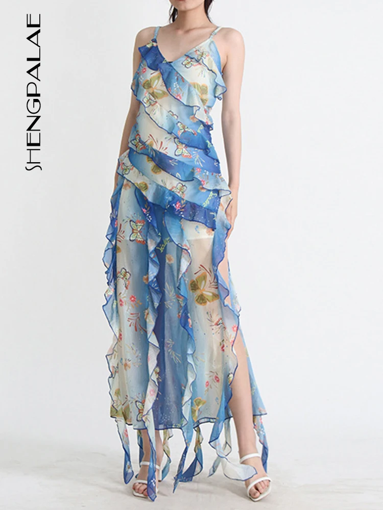 SHENGPALAE Fashion Printed Ruffles Dress For Women V-neck Sleeveless Slit Tassel Spaghetti Strap Vestido Summer 2023 New 5R3889