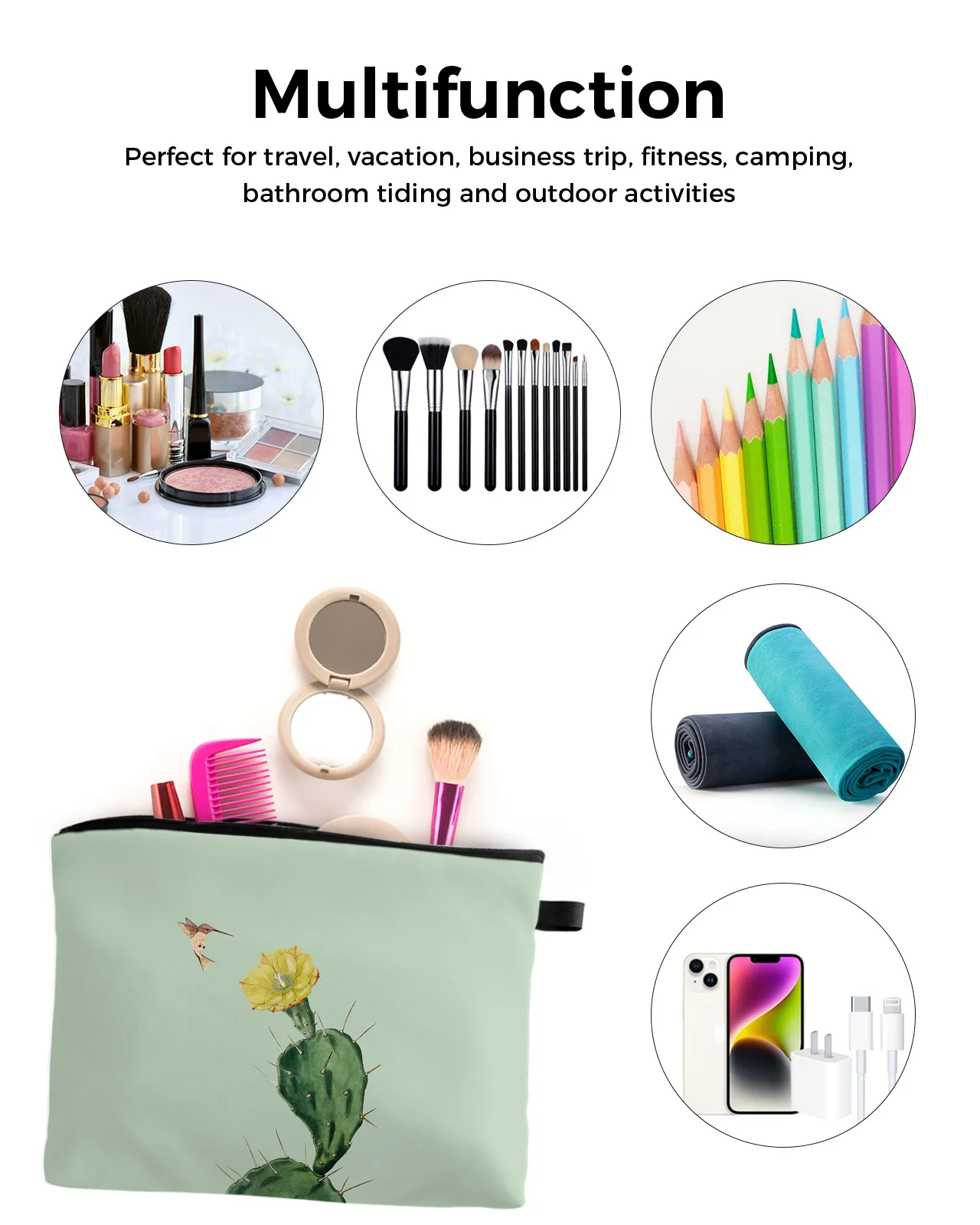 Сумка для косметики С КАКТУСОМ желтым цветком и колибри