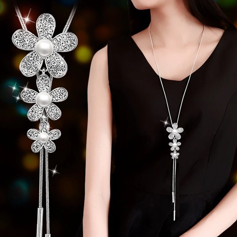 

Zircon Flower Long Necklace Sweater Chain Fashion Metal Crystal Pendant Necklaces Adjusted