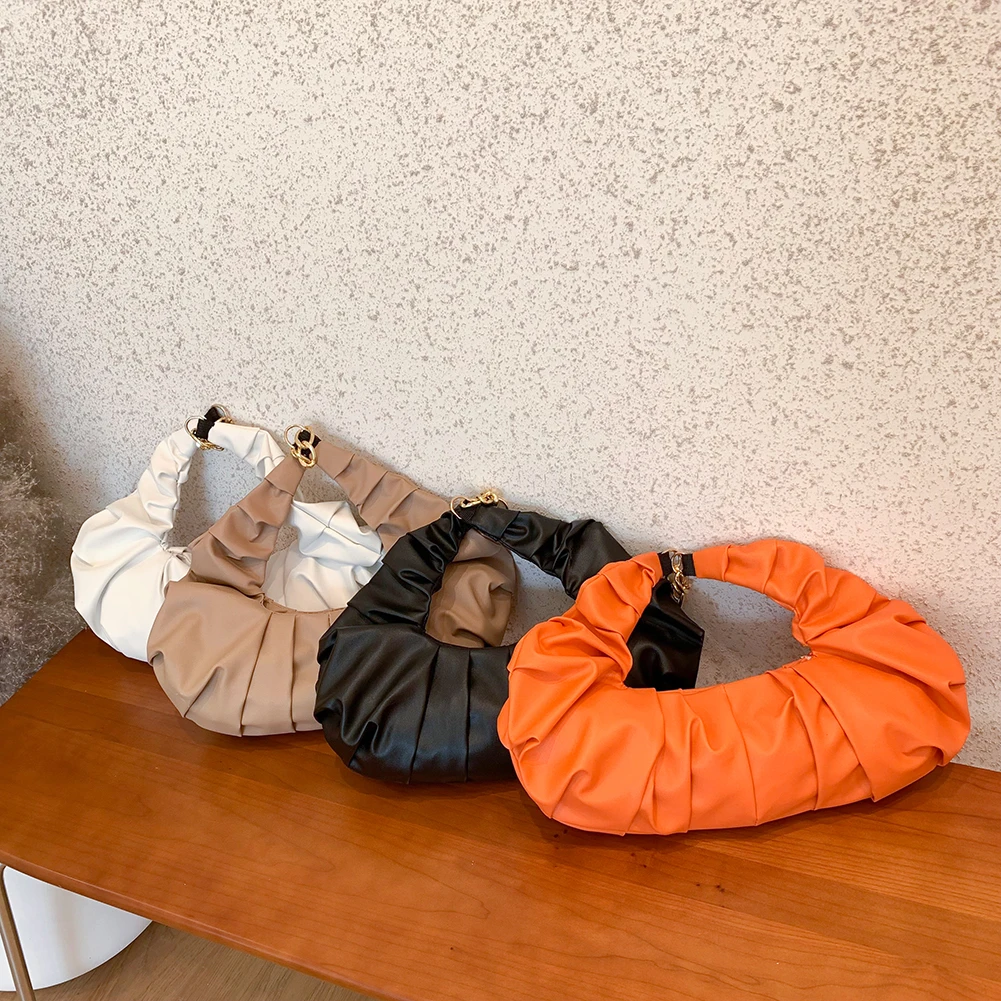 

Women Fashion PU Leather Zipper Handbag Lady Casual Pleated Messenger Bag Solid Color Dumpling Bag Streetwear