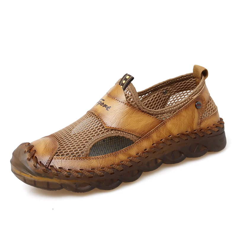 

2022 New Summer Sandals Breathable Men Shoes Leather + Mesh Outdoor Men Sandals Antiskid Beach Sandals Hollow Shoes Footwear