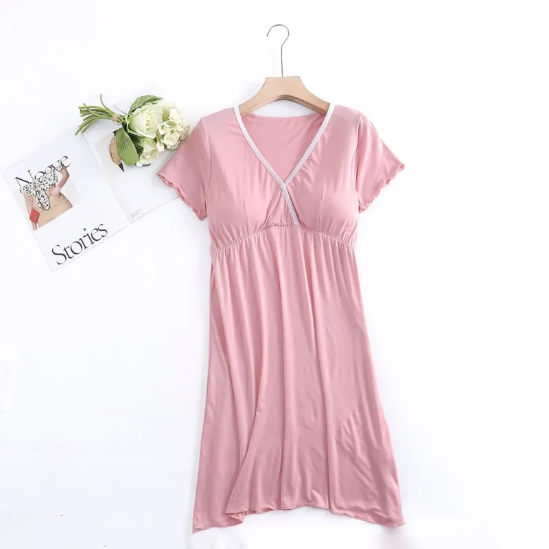 Summer Casual Bra Sleepdress For Pregnant Women Elastic Nightdress Women's Modal V-Neck Short Sleeve Nightwear Fashion Home