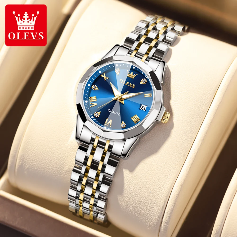 

OLEVS 2023 New Rhombus Design Blue Quartz Watch for Women Solid Stainless Steel Strap Elegant Ladies Wristwatch Relogio Feminino